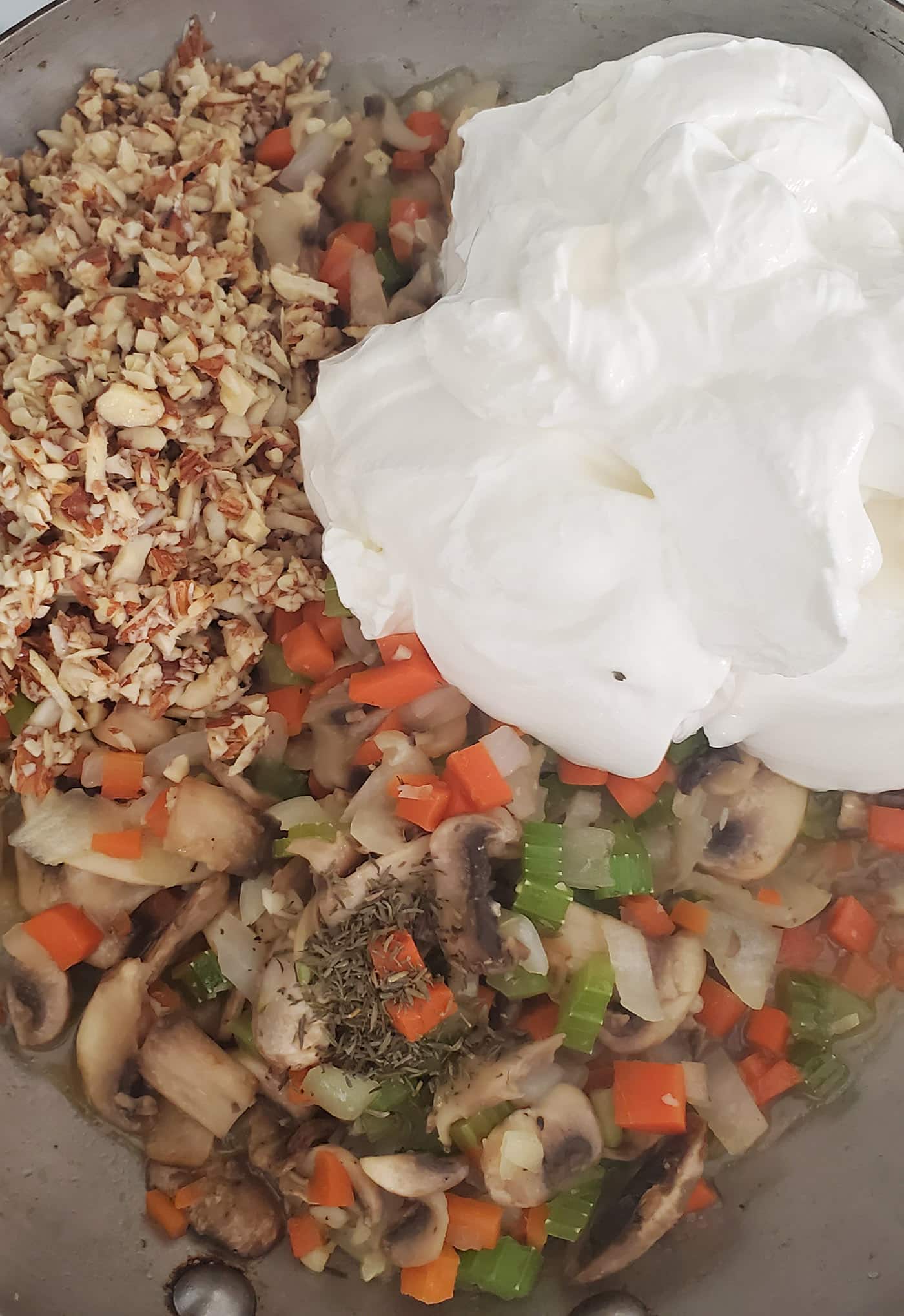 sour cream, almonds, and veggies for chicken rice hotdish