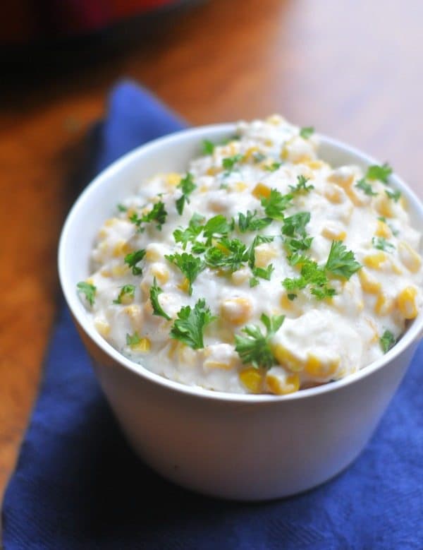 Crock Pot Creamed Corn from the Timeless Traditions recipe series. Easy to make and utterly decadent!