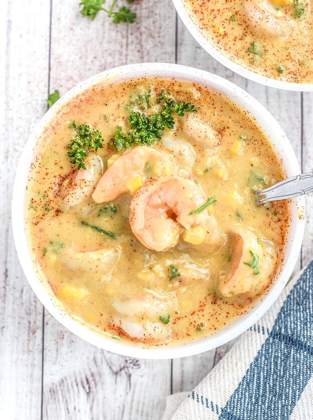 Corn and shrimp chowder in a bowl